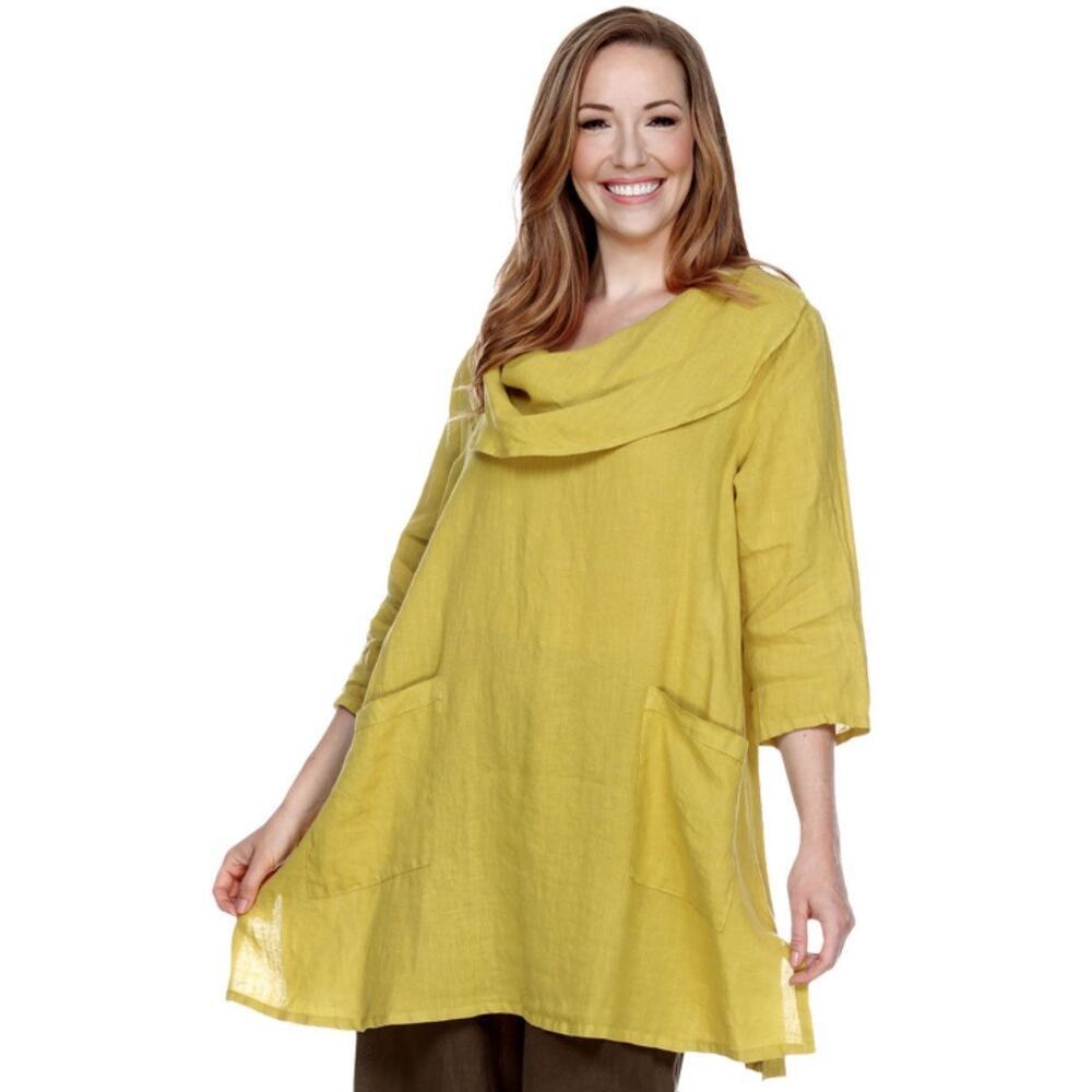 Match Point USA 100% Linen Cowl Neck Chartreuse Yellow Lagenlook Tunic Top, S